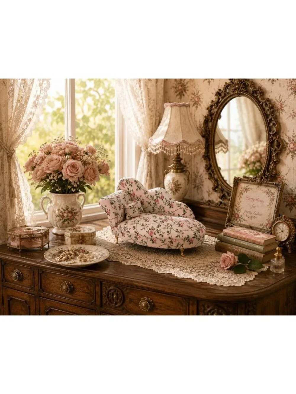 New Pink Roses Victorian Doll Chaise Jewelry Box Organizer Couch Jewelry Box
